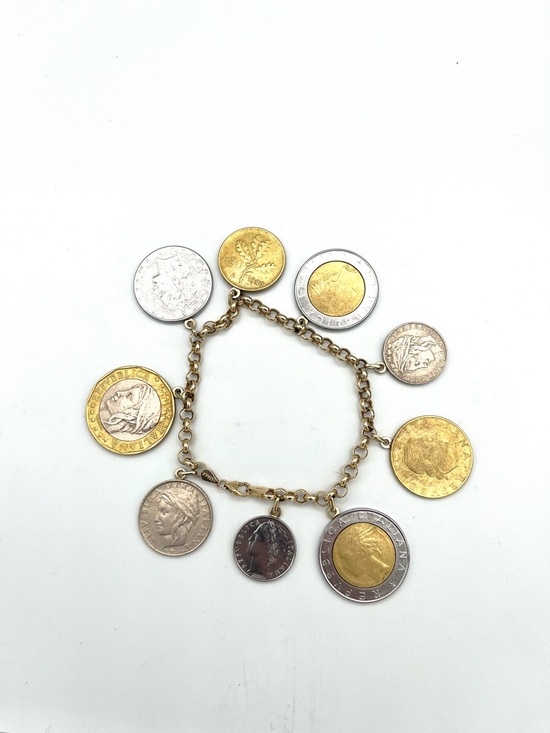 Jewelry - 14K Italian Solid Yellow Gold Round Link 7” Lire / Lira Coin Charm Bracelet